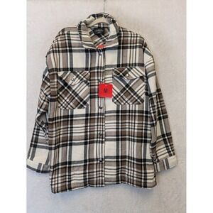 NEW HFX Shirt Jacket Women's M Brown Plaid Wool Blend Shacket